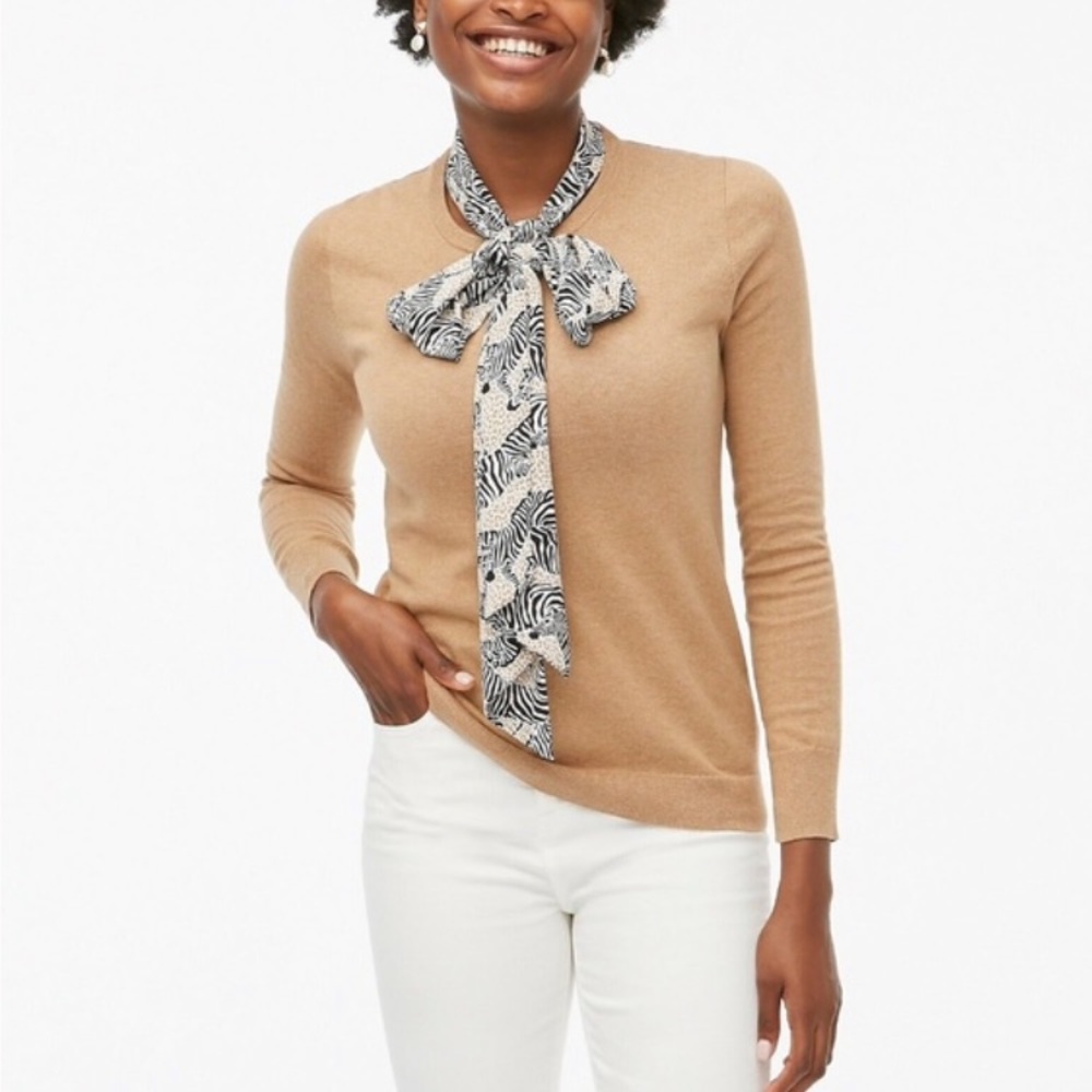J CREW Brown Pullover Sweater with Zebra Print Scarf Attached Top Size S